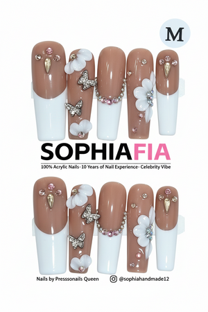 Hand & Foot Press On Nails Set Nude White Classic French Long Coffin - 3D White Flower, Rhinestone Butterfly, Pink Crystal & Gold Teardrop Gem Luxury Accent Nails