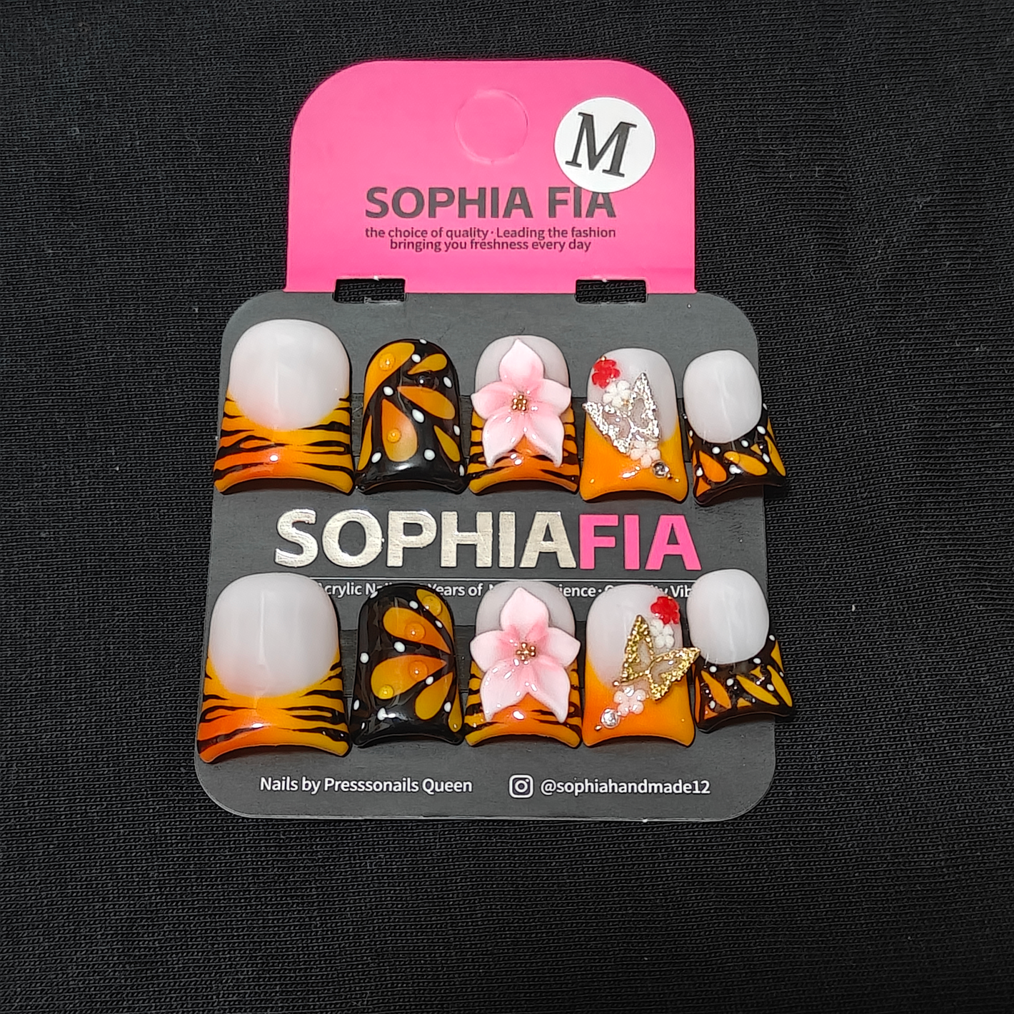 Press On Nails Short Square Monarch Butterfly Boho‑Style - Milky‑White to Orange‑Black Tiger‑Stripe French Tip, 3D Pink Flower, Gold & Silver Rhinestone Butterfly Charms Acrylic Nail Tips