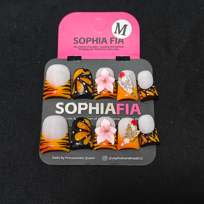 Press On Nails Short Square Monarch Butterfly Boho‑Style - Milky‑White to Orange‑Black Tiger‑Stripe French Tip, 3D Pink Flower, Gold & Silver Rhinestone Butterfly Charms Acrylic Nail Tips