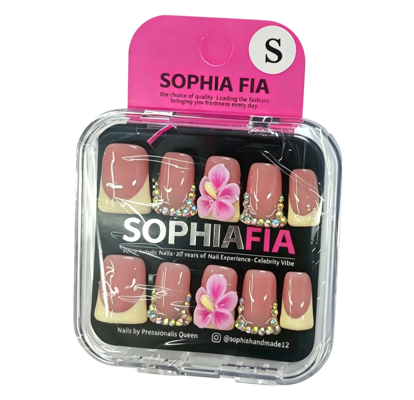 Hand & Foot Press On Nails Set Nude Cream Yellow French Short Square - 3D Pink Hibiscus Flower & Iridescent AB Rhinestone Trim Accents