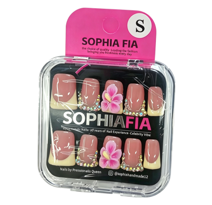 Hand & Foot Press On Nails Set Nude Cream Yellow French Short Square - 3D Pink Hibiscus Flower & Iridescent AB Rhinestone Trim Accents