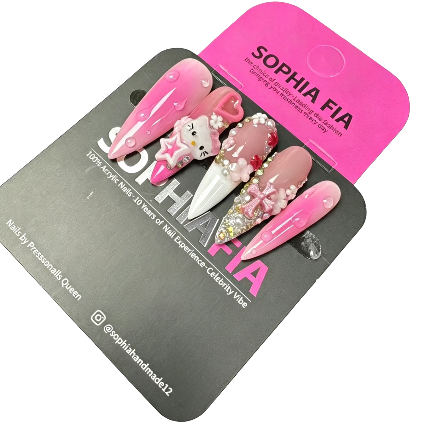 Long Stiletto Acrylic Press On Nails - Pink Ombre with Hello Kitty 3D Charm, White French Tip, Pearls & Iridescent Rhinestones