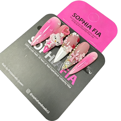 Long Stiletto Acrylic Press On Nails - Pink Ombre with Hello Kitty 3D Charm, White French Tip, Pearls & Iridescent Rhinestones
