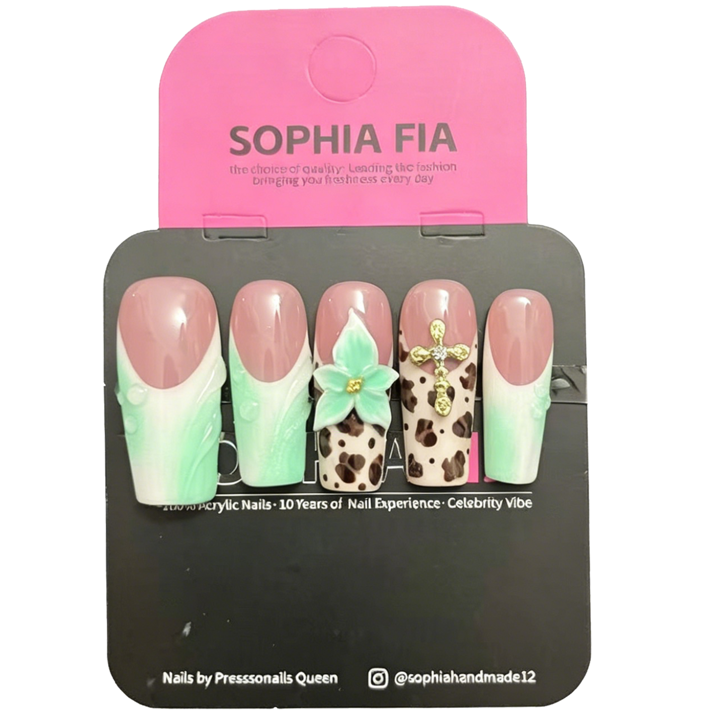 Nude Pink Long Square Press On Nails - Mint Green French Ombre with Cheetah Print, 3D Floral & Gold Cross Charms