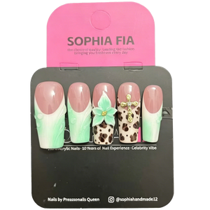Nude Pink Long Square Press On Nails - Mint Green French Ombre with Cheetah Print, 3D Floral & Gold Cross Charms