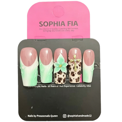 Nude Pink Long Square Press On Nails - Mint Green French Ombre with Cheetah Print, 3D Floral & Gold Cross Charms