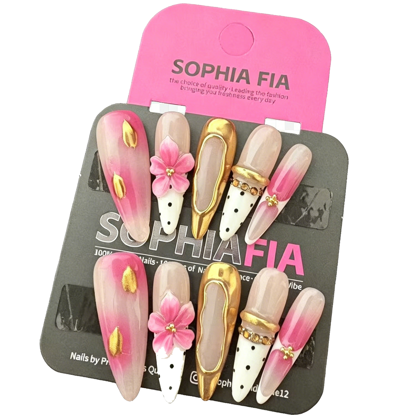 Romantic Date Night Press On Nails - Nude Pink Stiletto with 3D Flower & Gold Details for Weddings & Events