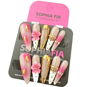 Romantic Date Night Press On Nails - Nude Pink Stiletto with 3D Flower & Gold Details for Weddings & Events