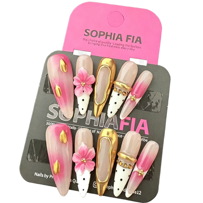 Romantic Date Night Press On Nails - Nude Pink Stiletto with 3D Flower & Gold Details for Weddings & Events