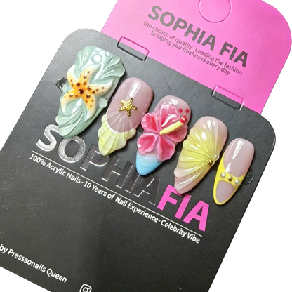 Press On Nails Tropical Beach Stiletto - Nude Base with Mint Green Ombre, 3D Starfish, Hibiscus Flower, Seashell & Ocean Wave Texture