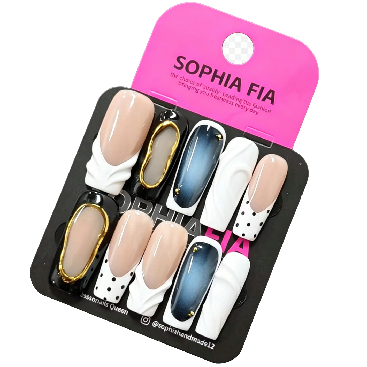 Press On Nails Nude Black Blue Long Square - Luxury French Acrylic Nails with 3D Ruffled White, Gold Framed Gem, Blue Gradient & Polka Dot Accents
