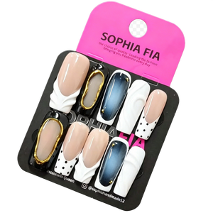 Press On Nails Nude Black Blue Long Square - Luxury French Acrylic Nails with 3D Ruffled White, Gold Framed Gem, Blue Gradient & Polka Dot Accents