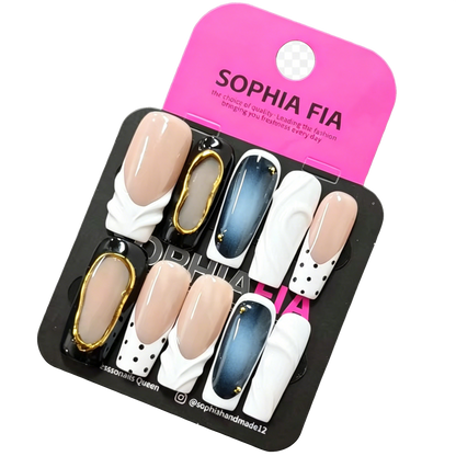 Press On Nails Nude Black Blue Long Square - Luxury French Acrylic Nails with 3D Ruffled White, Gold Framed Gem, Blue Gradient & Polka Dot Accents