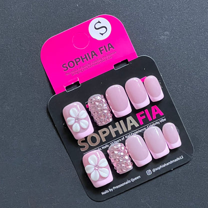 press on nails, handmade press on nails, short square nails, pink french tip nails, pastel pink nails, 3d flower nails, rhinestone nails, floral nails, reusable false nails, nail art, fake nails, sweet aesthetic nails