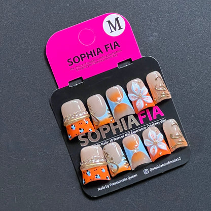 press on nails, handmade press on nails, cow print nails, orange ombre nails, 3d flower nails, gold swirl nails, medium square nails, reusable false nails, nail art, fake nails, press on nail set
