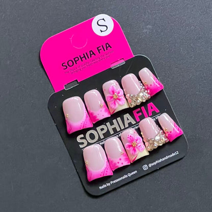 press on nails, handmade press on nails, floral press on nails, pink ombre nails, 3d flower nails, rhinestone nails, medium square nails, reusable false nails, nail art, fake nails, bridal nails