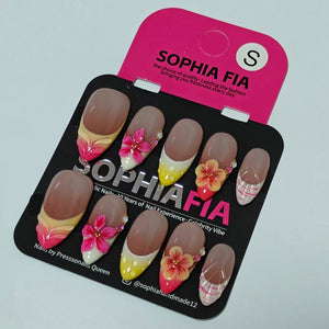 Summer Tropical Almond Press On Nails Nude Base Yellow Pink Ombre Tip, 3D Plumeria Flower Hand Painted Dots Pink Stripes Reusable Acrylic Nail Set