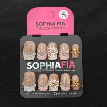Press On Nails Short Square Korean Minimal Luxury Style - Sheer Nude Base Semi‑Sheer Skirt‑Shaped French Tip, 3D White Flower, Tiny Gold‑Star Charms and Stacked Gold‑Bead Bands Acrylic Nail Tips