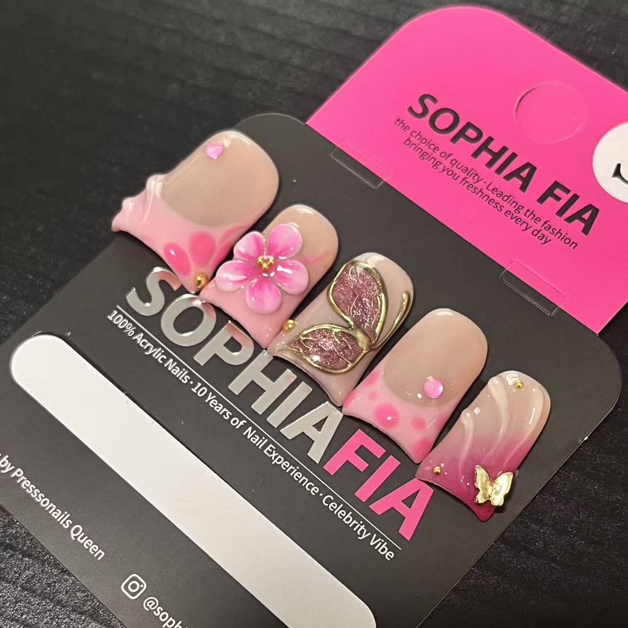 Soft Girl Pink Ombre Press On Nails - Short Square Nails with 3D Flower & Butterfly
