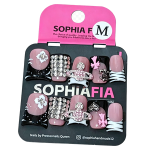Hand & Foot Press On Nails Set Y2K Pink Black Short Square - Vivienne Inspired Saturn Cross Nails with Zebra Print, 3D White Flower & Bling Rhinestone