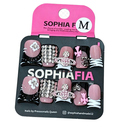 Hand & Foot Press On Nails Set Y2K Pink Black Short Square - Vivienne Inspired Saturn Cross Nails with Zebra Print, 3D White Flower & Bling Rhinestone