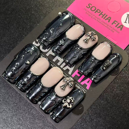 Silver Cross Charms Goth Acrylic Press On Nails