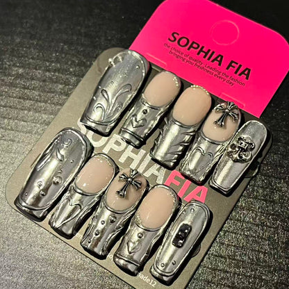 Goth Festival Press On Nails - Silver Metallic Nude French Nails for Raves & Night Out