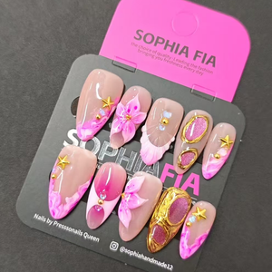Celebrity Vibe Mermaid Press On Nails - Nude Pink Ombre Almond Nails with 3D Flower & Gold Details