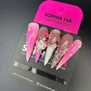 Long Stiletto Acrylic Press On Nails - Pink Ombre with Hello Kitty 3D Charm, Rhinestone Bow & French Tip Details