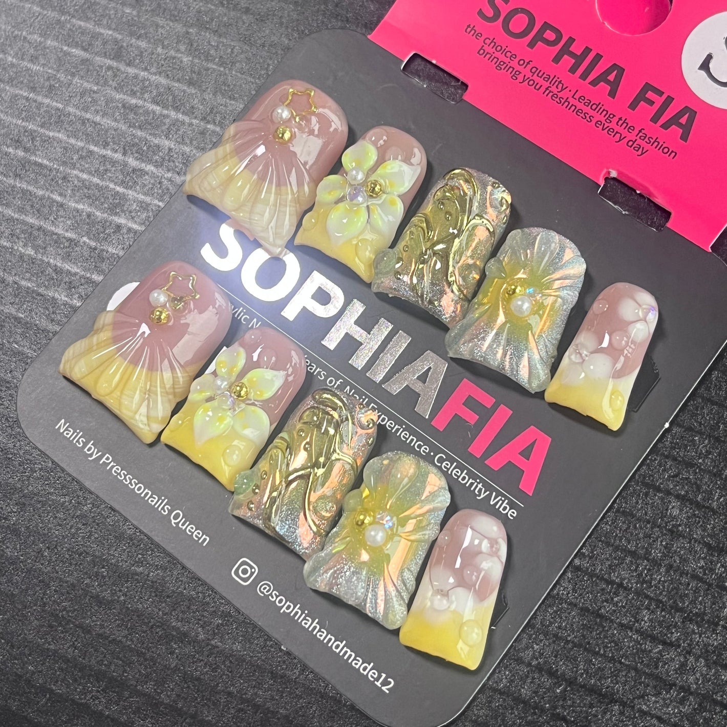 Press On Nails Short Square Soft Girl Aesthetic - Nude Pink Cream‑Yellow Gradient, 3D Shell Skirt Texture, Pearlescent Flower, Gold Butterfly Charms & Pearl Metal Stud Acrylic Nail Tips