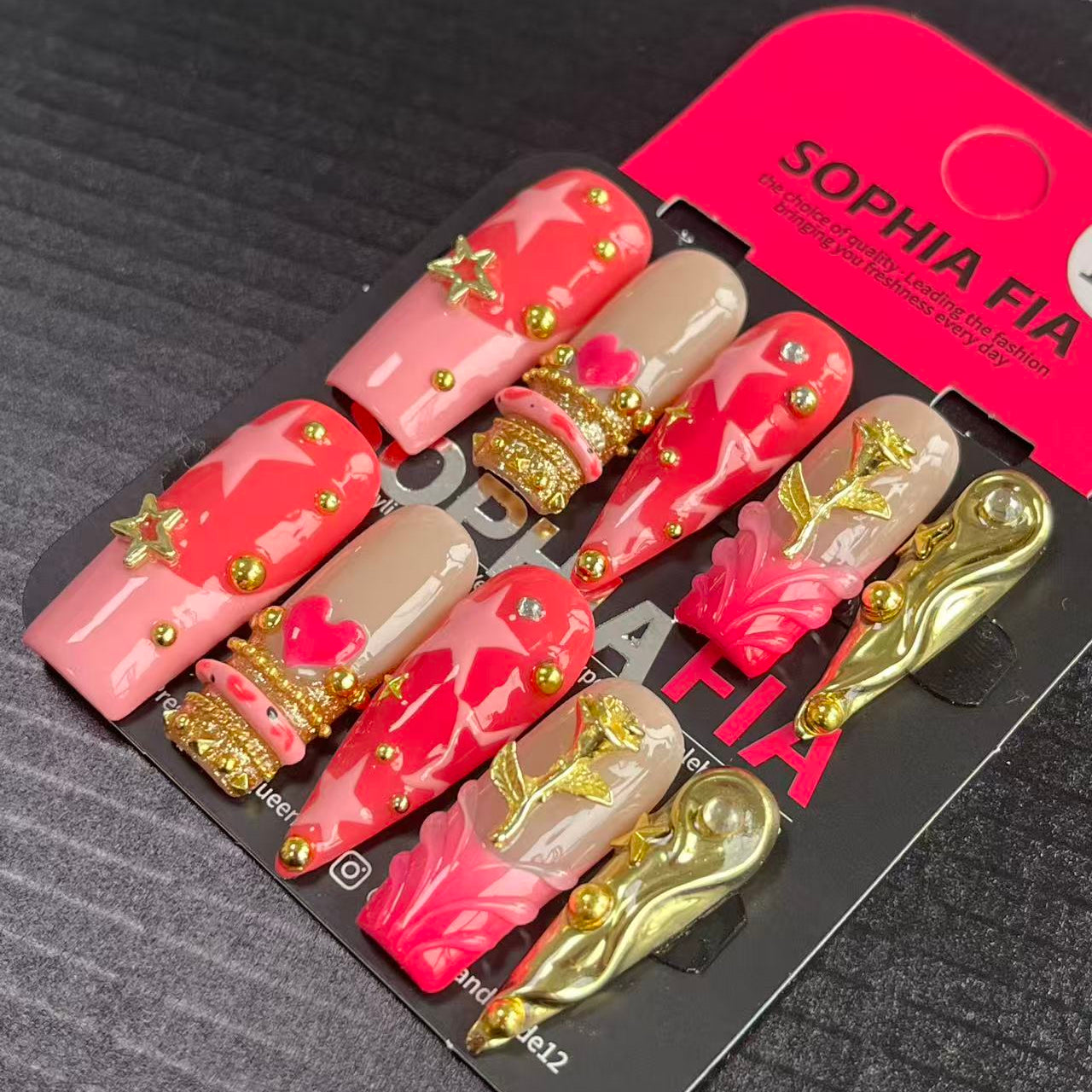 Press On Nails Long Coffin Sweet‑Girl Style - Pink‑Red Ombre Base, White Star Print, 3D Gold Star Charms, Mini Heart Accent, 3D Gold Rose and Sculpted Gold Metal Ornaments Acrylic Nail Tips
