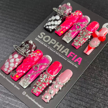 Press On Nails Long Square Y2K Grunge Style - Hot Pink Ombre Glitter Base, Black‑White Polka‑Dot Print, Rhinestone Saturn Charms, Cross Metal Ornaments, Chain Links & Silver Pearl Bead Accent Acrylic Nail Tips