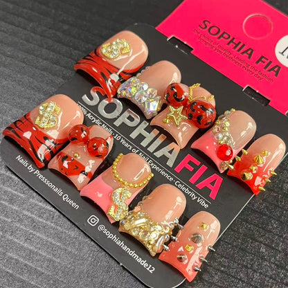 Press On Nails Short Square Y2K Money‑Vibe Style - Nude Base Red Tiger‑Stripe French, 3D Red Leopard Dots, Gold Dollar Sign Charms, Star Studs & Mixed AB Iridescent Rhinestone Acrylic Nail Tips