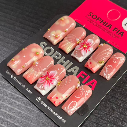 Press On Nails Long Square Korean Elegant Style - Blush‑Pink Gradient Base, Soft Water‑Blush Floral Print, 3D Shell‑Skirt Texture and Tiny Gold Bead Accent Acrylic Nail Tips