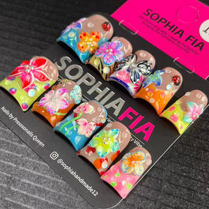 Press On Nails Long Square Cottagecore Summer Style - Multicolor Gradient French Tip, Hand‑Sculpted 3D Flowers, Ladybug Charms, Rhinestone Butterfly Accent & Scattered Clear Crystal Acrylic Nail Tips