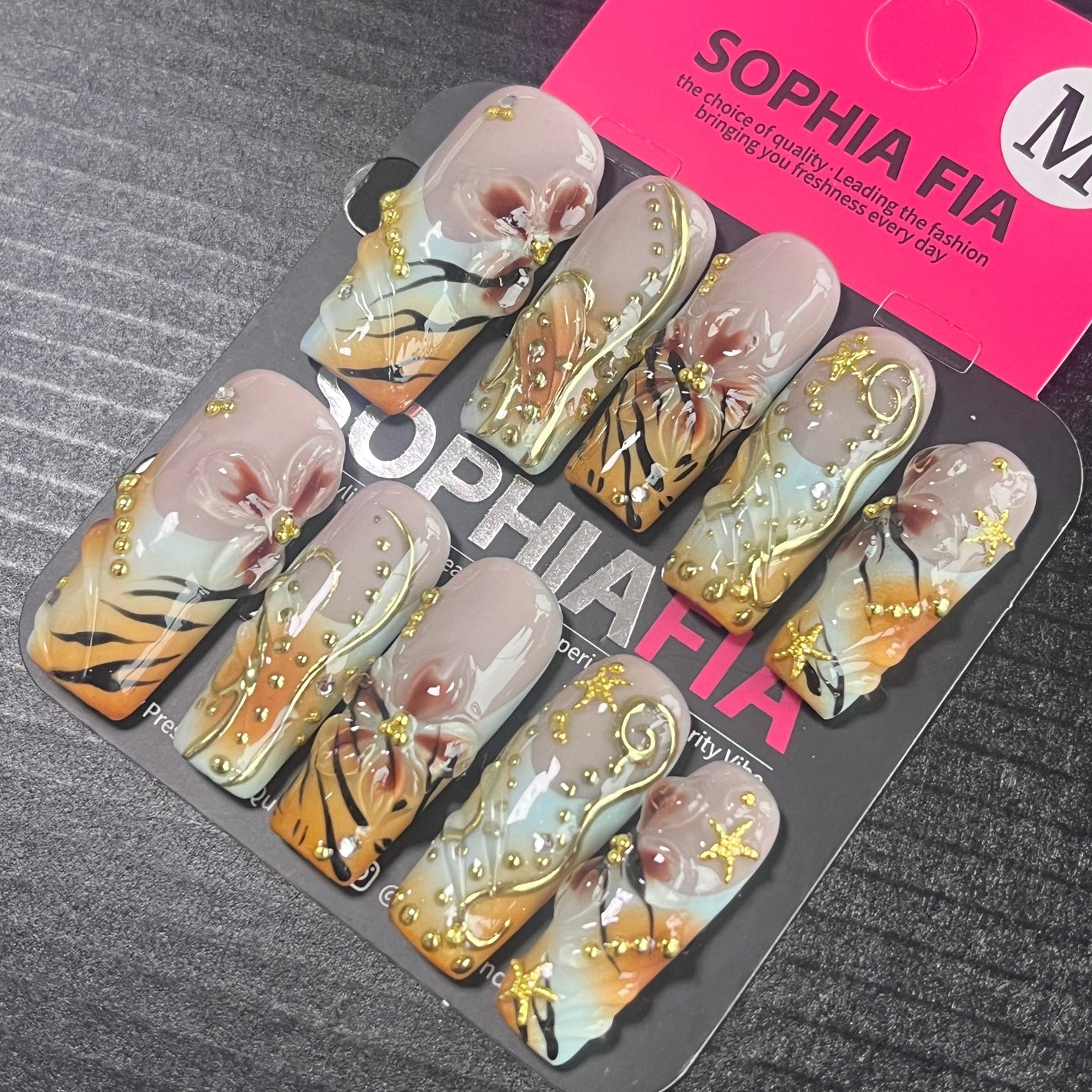 Press On Nails Long Coffin Elegant Boho‑Chic Style - Nude Caramel Gradient Base, Hand‑Painted Tiger Stripes, Watercolor Floral, Gold Star Studs & Tiny Gold Bead Accent Acrylic Nail Tips