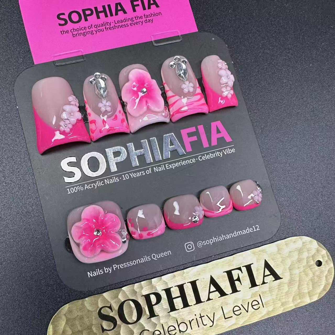 Press On Nails Hand & Foot Set - Pink Ombre French Tip Short Square (Nude Pink with Hot Pink Gradient, 3D Flower & Silver Charms)