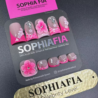Press On Nails Hand & Foot Set - Pink Ombre French Tip Short Square (Nude Pink with Hot Pink Gradient, 3D Flower & Silver Charms)