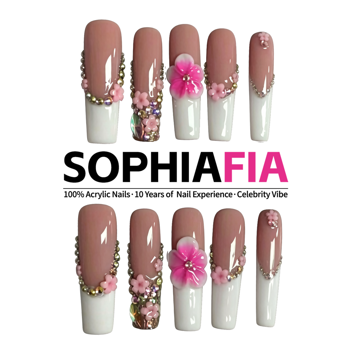 Nude Pink & White Floral French Press On Nails