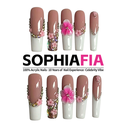 Nude Pink & White Floral French Press On Nails