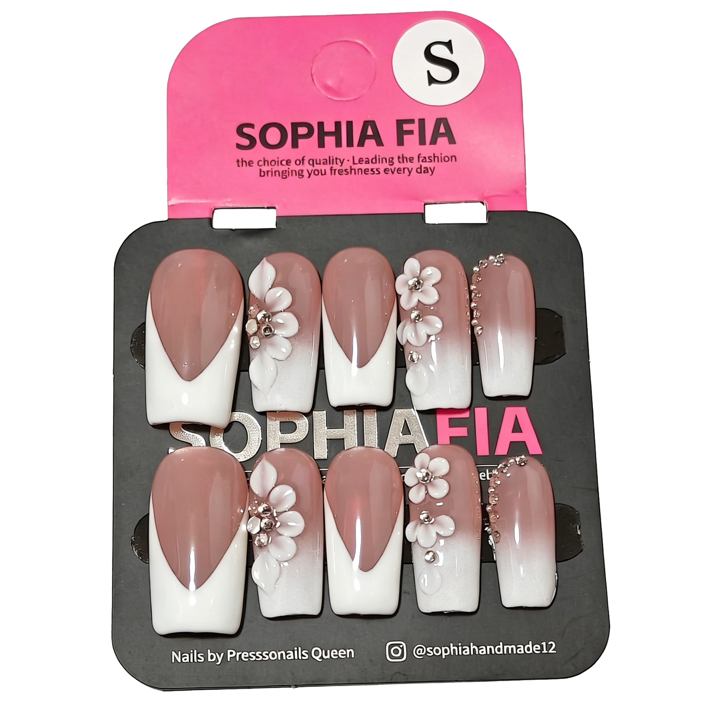 Celebrity Vibe Elegant Floral Full Hand & Foot Nail Set - Nude White Gradient V Cut French with 3D Flower & Silver Rhinestone