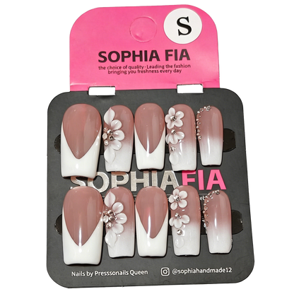 Celebrity Vibe Elegant Floral Full Hand & Foot Nail Set - Nude White Gradient V Cut French with 3D Flower & Silver Rhinestone