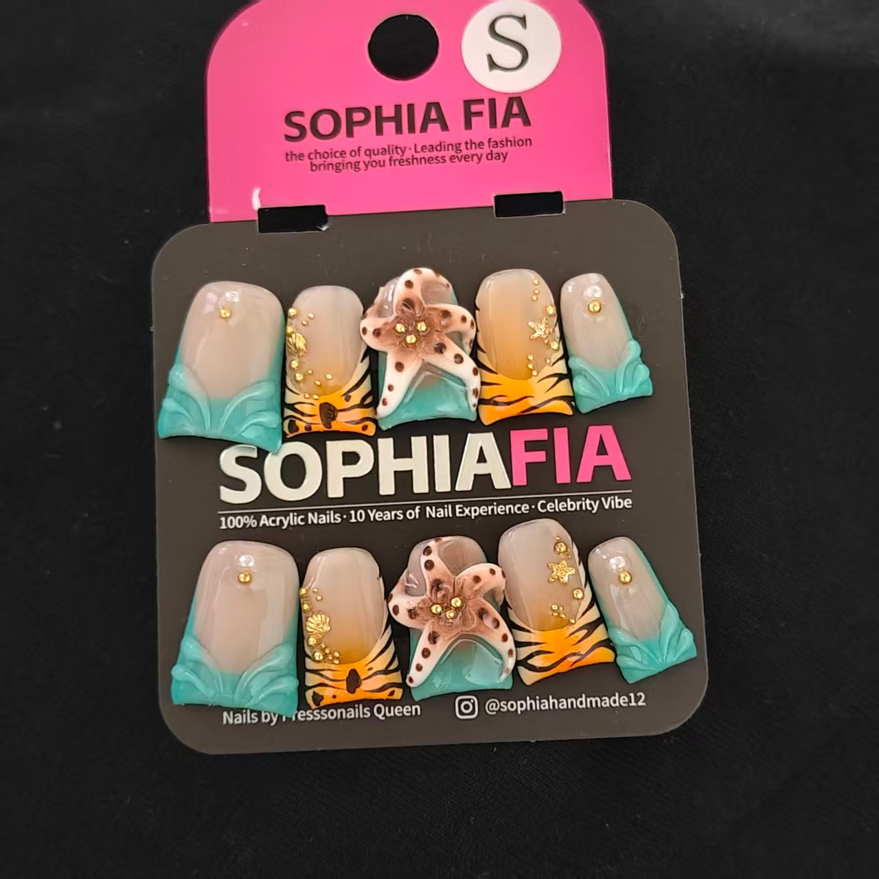 Press On Nails Short Square Tropical Beach Style - Sheer Nude Base Mint Green 3D Wave French, Orange Tiger Strip Print, 3D Spotted Starfish & Mini Gold Seashell Flake Decor Acrylic Nail Tips