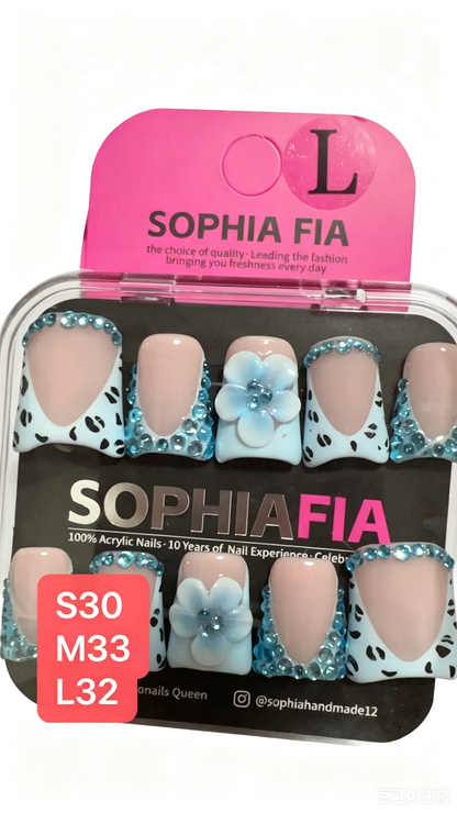 Press On Nails Long Square Kawaii Summer Style - Nude V Cut French, Light Blue Leopard Print, Hand Sculpted Gradient 3D Blue Flower & Full Border Sapphire Blue Rhinestone Decor Acrylic Nail Tips