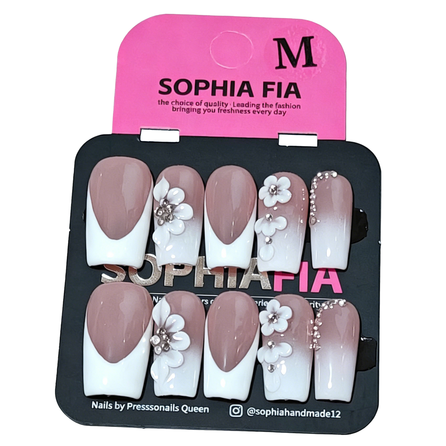 Elegant Bridal Hand & Foot Press On Nails Set - Nude White Ombre French with 3D Flower Rhinestone Details for Bridesmaid & Wedding Events