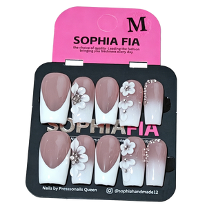 Elegant Bridal Hand & Foot Press On Nails Set - Nude White Ombre French with 3D Flower Rhinestone Details for Bridesmaid & Wedding Events
