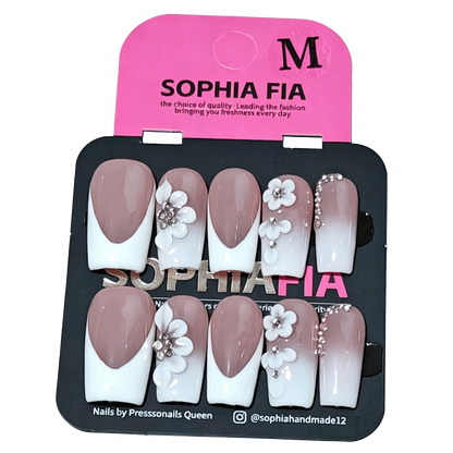 Elegant Bridal Hand & Foot Press On Nails Set - Nude White Ombre French with 3D Flower Rhinestone Details for Bridesmaid & Wedding Events