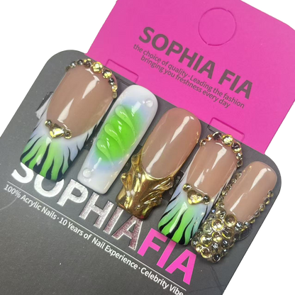 Summer Party Press On Nails - Nude Neon Green Long Square Nails with Gold Rhinestone French & 3D Sculpted Accents