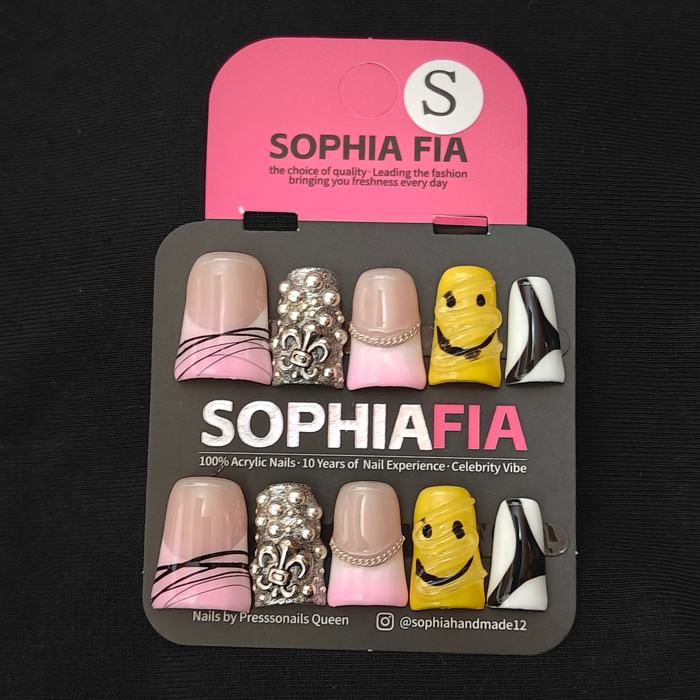 Press On Nails Y2K Mix Design Short Square - Nude Pink Gradient French, Hand Drawn Yellow Smiley Face, Black White Swirl Print, Silver Fleur-de-lis Stud & Thin Silver Chain Metal Charm Acrylic Nails