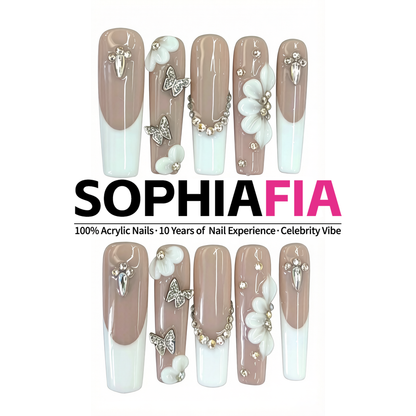 4CM Beige White Floral Butterfly French Press On Nails